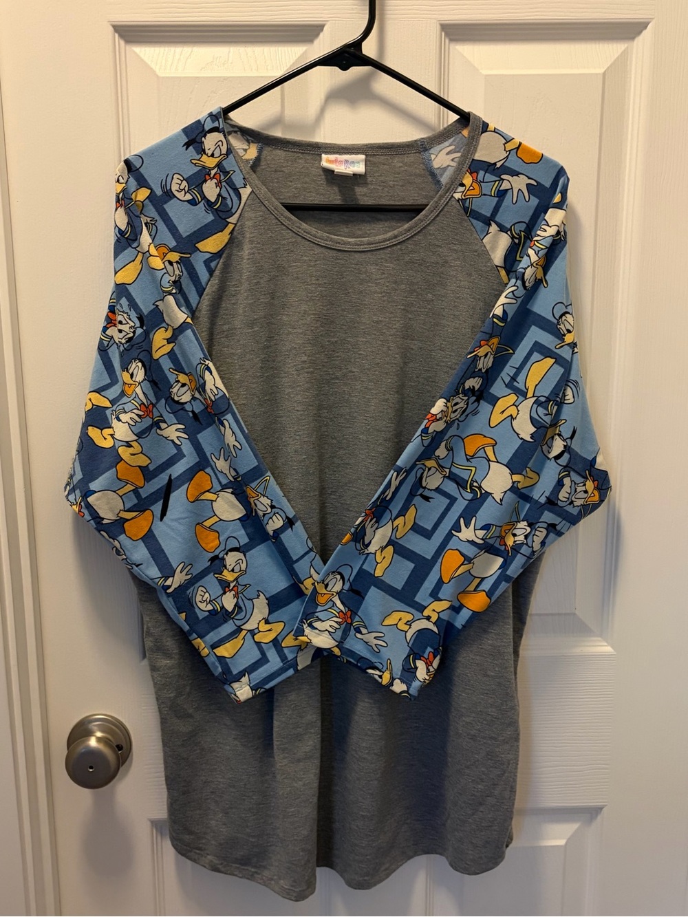 LuLaRoe Randy Gray Top with Blue Donald Duck Print Sleeves